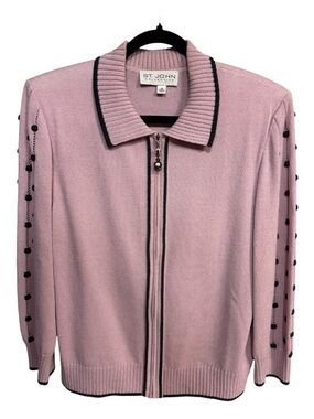 NWOT St. John Collection Pink Zip-Up Knit Cardigan with Gray Trim Sz 14 (12)
